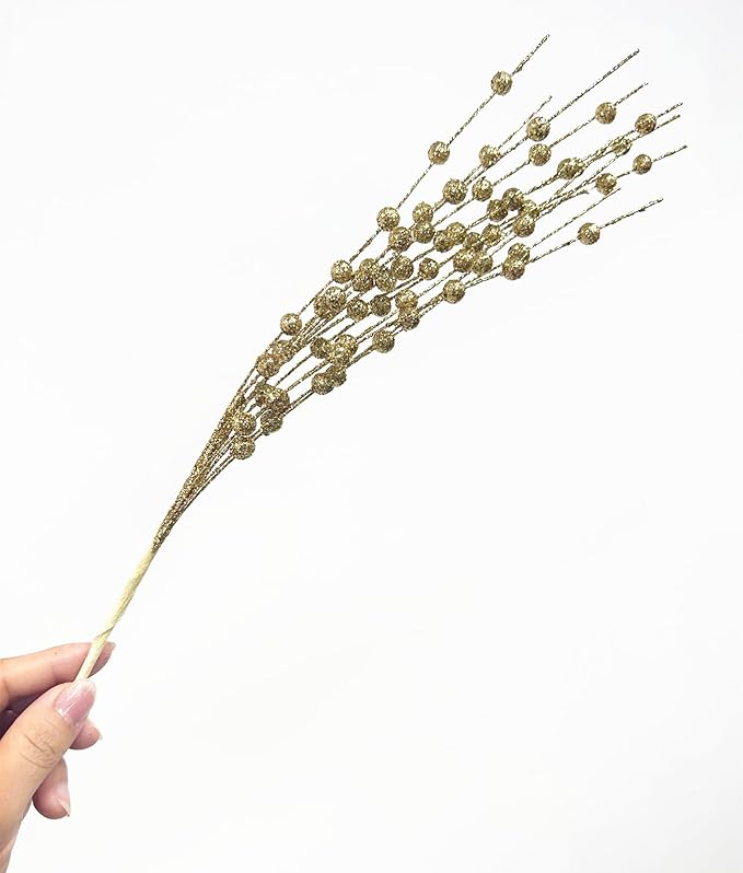 Artificial Glitter Berry Stem Ornaments, Gold Bright Berries Decorative Bead Sticks, Picks Branches Glittery Twigs for Home Christmas Tree Vase Holiday Wedding Party Decor - 17 Inch Golden 10 Pack