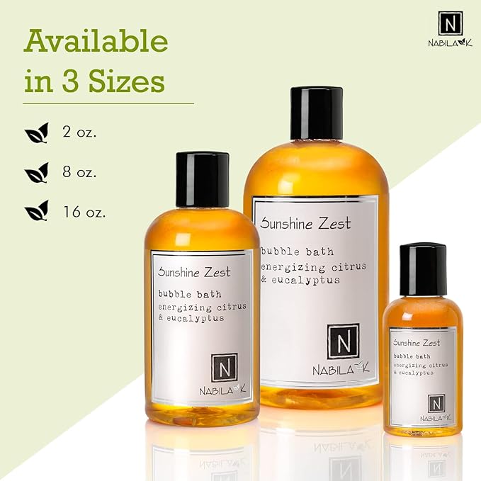 Sunshine Zest Bubble Bath with Citrus & Eucalyptus Scent by Nabila K - Essential Oils with Natural Ingredients for Sensitive Skin, Tear-Free, Gentle, Moisturizing - Luxury for Women & Men, 8 oz