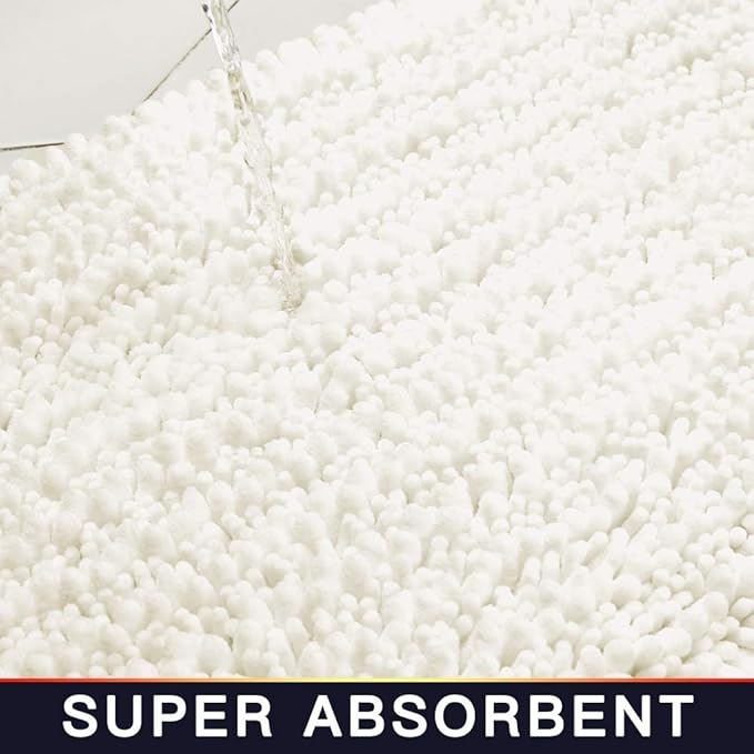 Walensee Bathroom Rug 2 Pieces Set Non Slip Bath Mat (17x24 Plus 20x32 Inch Ivory) Water Absorbent Super Soft Shaggy Chenille Machine Washable Dry Extra Thick Perfect Carpet for Shower Floor