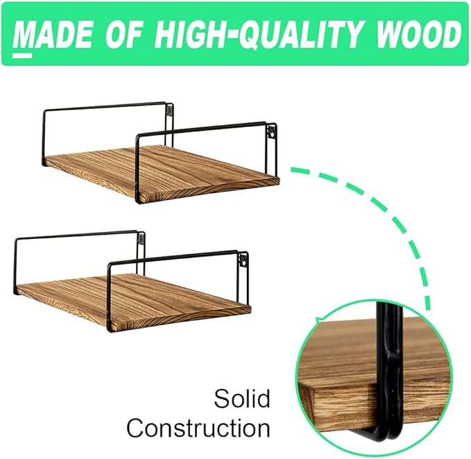 Coral Flower Wide Floating Shelves Rustic Wood Wall Shelves Set of 2 Wall Mounted Shelves with Large Capacity for Many Rooms Decor,Carbonized Black