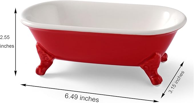 6.5" Ceramic Mini Decorative Clawfoot Bathtub Bar Soap Dish, Kitchen Sponge Holder and Shower Tray for Bathroom, 1 Pack(Chili)