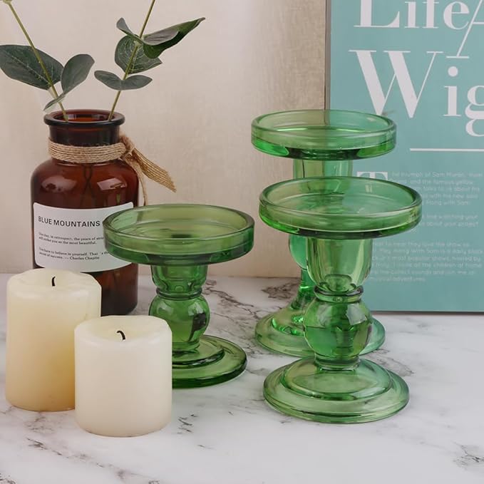 3-Piece Set of Green Glass Candlestick, Crystal Candlestick Holder Holder and Conical Candle, Christmas Candle Holder Decoration, Family Living Room Wedding Candle Holder (green1set)