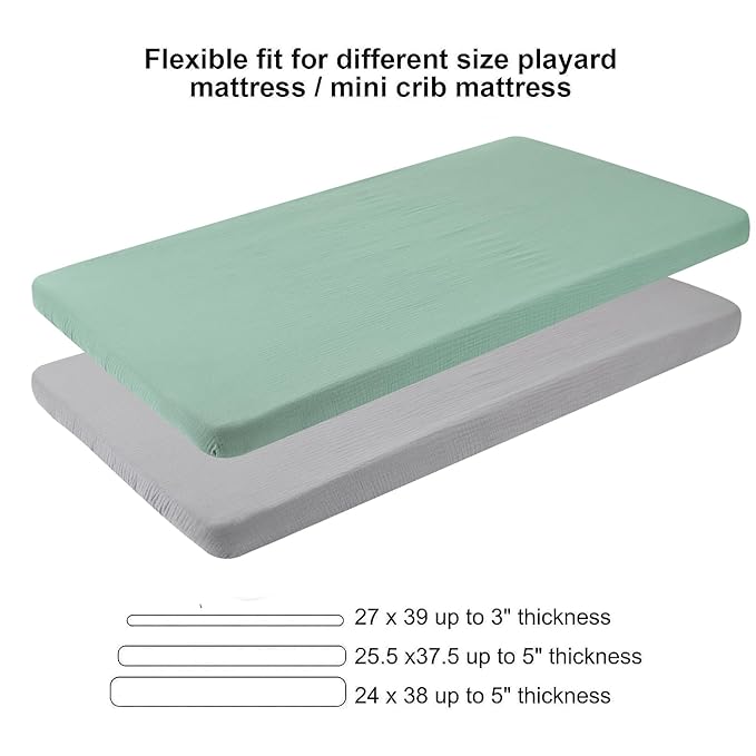 Muslin Pack n Play Sheets Soft Breathable 100% Cotton Mini Crib Fitted Sheets Portable/Convertible Playard Mattress Cover 2 Pack for Baby Boy and Girl, Grey and Green