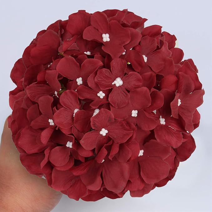 Flojery Silk Hydrangea Heads Artificial Flowers Heads with Stems for Home Wedding Decor,Pack of 10 (Burgundy)