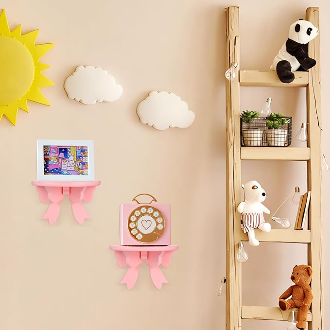 DOITOOL Wooden Floating Shelf Wall Mounted, Nordic Style Butterfly Semicircle Storage Shelf for Wall, Decoration Shelves for Bathroom, Bedroom, Kitchen, Living Room (Pink)