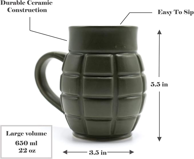 Caliber Gourmet Green Grenade Coffee Mug, Tactical Ceramic Weapon Cup, Perfect Novelty Gift for Military Enthusiasts, Fun & Unique Tactical Coffee Mug, Ideal for Birthdays, Father's Day, and Christmas
