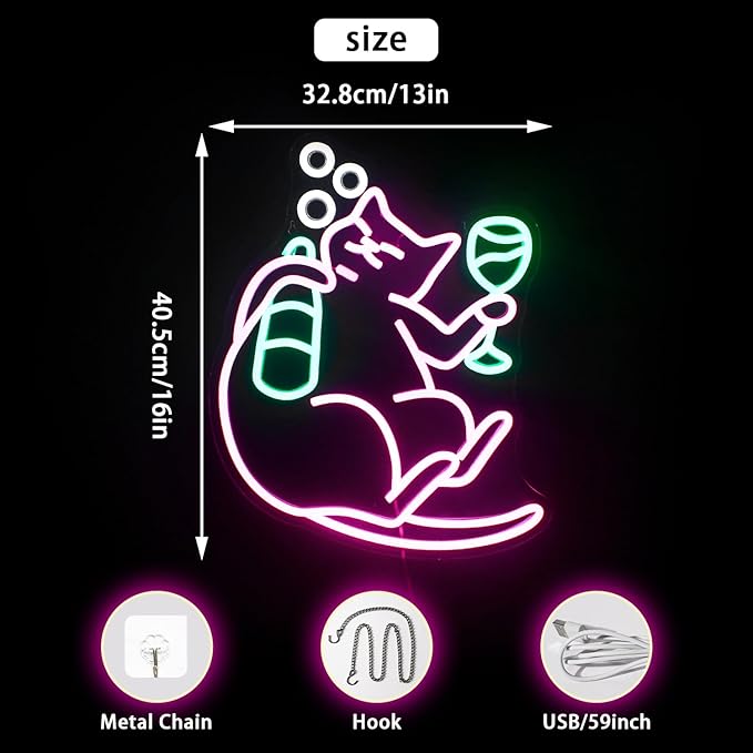 NOSUN Cat Beer Neon Sign Funny Bar Neon Signs for Wall Decor with Dimmable Cat Neon Sign Beer Led Sign Pink Animal Bar Light Up Signs for Bedroom Men Cave Home Bar Cat Birthday Party Home Bar Decor