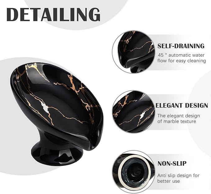 WHJY Marble Soap Holder Tray, Small Leaf Shape, Black, for Bathroom & Kitchen