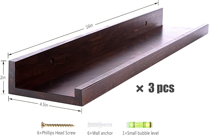 MBYD 16 Inch Wood Floating Shelves Wall Mounted Deep Walnut Picture Ledge Shelf Nursery Book Shelves for Home Decor for Bedrooms, Office, Living Room, Kitchen, 3 Same Sizes