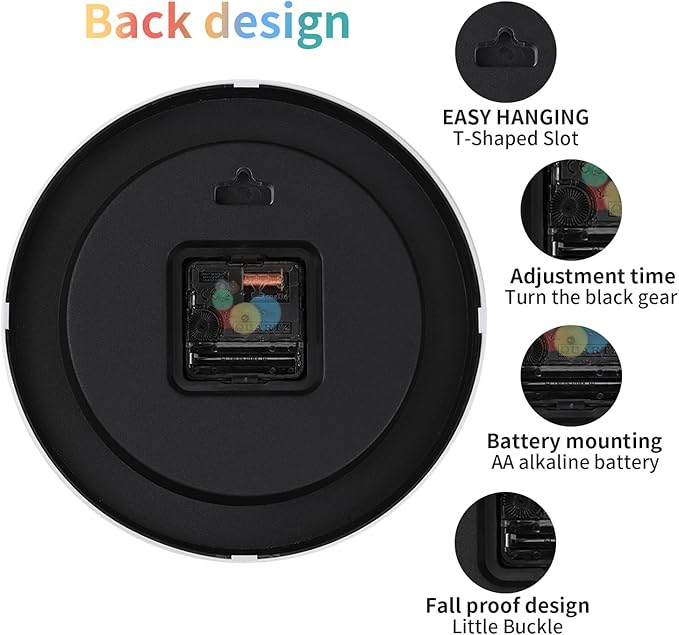 Wall Clock Modern Colorful Kid's Clock Small Silent Analog Round Simple Quiet Quartz Black Wall Clocks Battery Operated Non Ticking for Bathroom Office Garage School Colorful 9 Inch