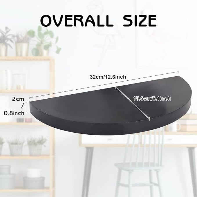 Small Floating Plant Shelves Set of 2 - Rustic Wood Half Circle Shelves for Bedroom Living Room Bathroom Kitchen Office (Black)