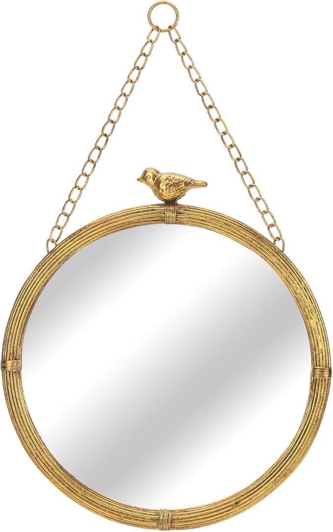 NIKKY HOME 11 Inch Decorative Small Hanging Mirrors Vintage Round Metal Framed Wall Mounted Mirror Decor with Bird for Bathroom Living Room Office, Rustic Gold