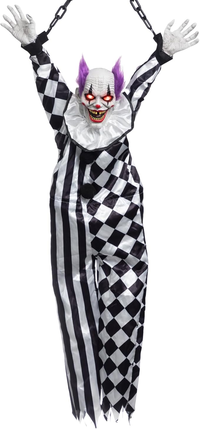 HollyHOME Halloween Animated Hanging Clown with Glowing Eyes Creepy Sound and Shaking Body Halloween Decorations Outdoor Scary Haunted House Outdoor Prop Decor 60'' Black