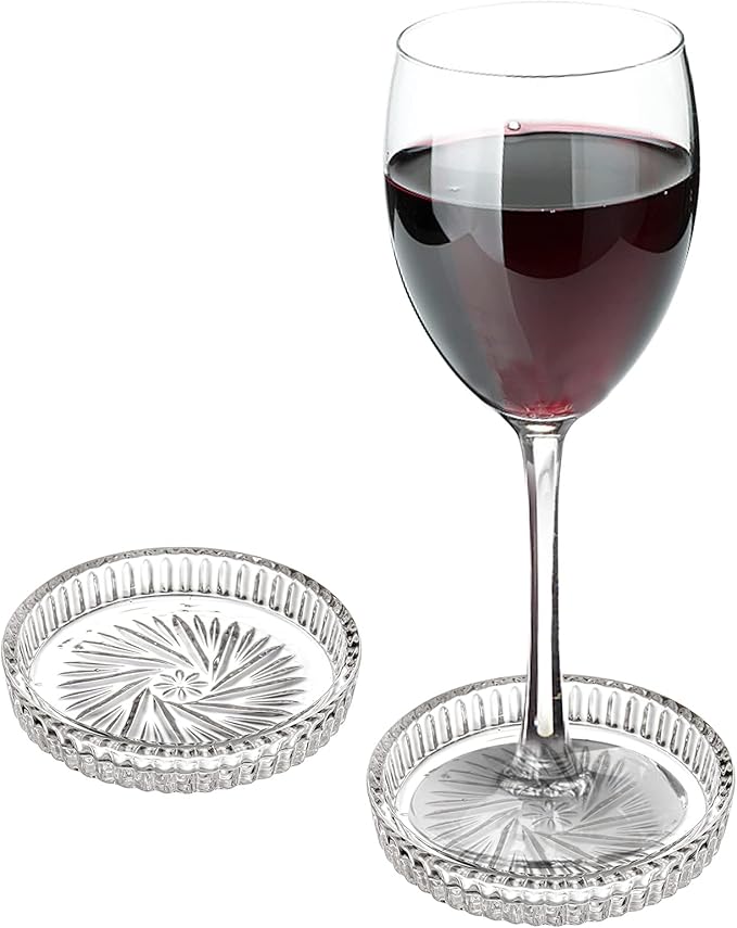 AVLA 8 Pack Crystal Drink Coasters, Glass Round Cup Mat, Clear Decorative Wine Bottle Coasters Barware Set for Table Protection of Home Kitchen, Dining Room, Patio, Coffee Shop, 3.75", Carved Design