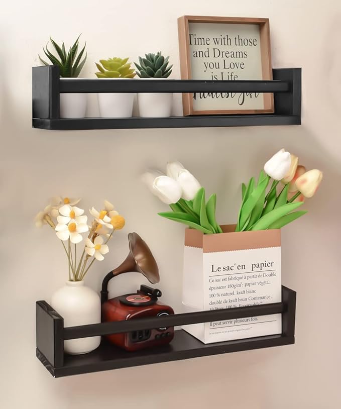 Gneric Floating Shelves for Wall, Black Nursery Book Shelves, 15.7 inch Kids Bookshelf, Wall Shelves for Living Room Bedroom Decor,Kitchen Spice Rack,Bathroom Storage Rack(2 Pack)