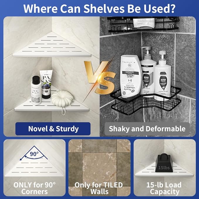 Corner Shower Shelf, 304 Stainless Steel with Slot Design for Bathroom Storage, Grout in Shelf for Tiled Wall (White, 10"-2 Pack)