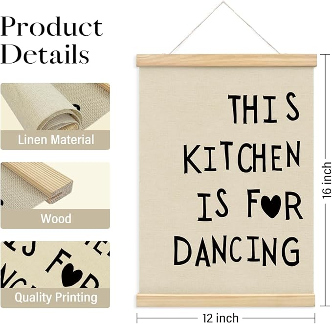 BIWSHA Cute Kitchen Canvas Poster Framed Hanger 12x16 Inch, Funny Black Kitchen Quotes Decor This Kitchen Is For Dancing Poster Framed with Wood Hanger,Kitchen Dining Room Decor