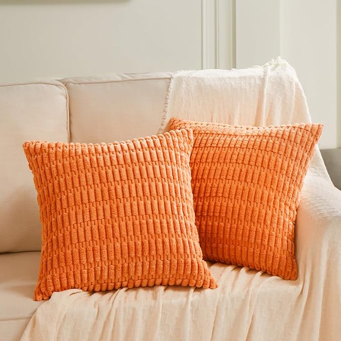 Fancy Homi 4 Packs Orange Fall Decorative Throw Pillow Covers 18x18 Inch for Couch Living Room Bed Sofa, Halloween Pumpkin Autumn Home Decor, Soft Cute Plush Corduroy Striped Cushion Case 45x45 CM