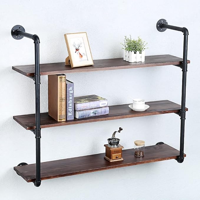 Industrial Pipe Shelving Wall Mounted,42in Rustic Metal Floating Shelves,Steampunk Real Wood Book Shelves,Wall Shelf Unit Bookshelf Hanging Wall Shelves,Farmhouse Kitchen Bar Shelving(4 Tier)