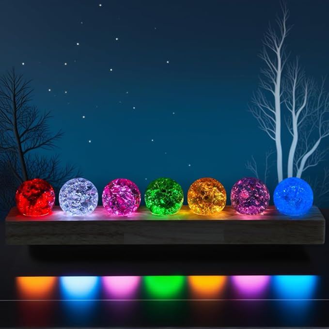 40mm 7 Colors Ice Cracked Glass Crystal Chakra Balls with LED Wooden Base Decorative Ornaments for Home Living Room, Night Sphere as Night Light Decoration and Healing Sphere