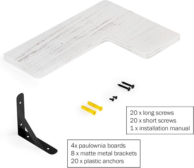 Muzilife Corner Floating Shelves Wooden Floating Shelve Set of 4, Wall Mounted for Storage, L-Shaped Shelves for Wall Decor Wall Organizer for Bedroom, Bathroom, Kitchen, Living Room and Office, White