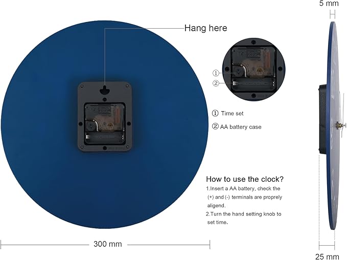 Lafocuse 12 Inch Silent Navy Blue Wall Clocks for Kitchen Living Room Decor, Wooden Rustic Wall Clock Battery Operated, Decorative Farmhouse Clock