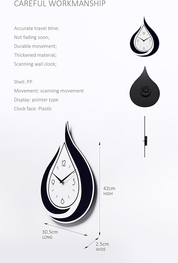 Modern Water Drop Wall Clock - Black & White Teardrop Design