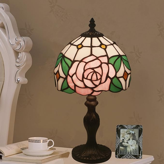 8" Tiffany Style Pink Rose Lamp,Tiffany Style Table Lamp for Girl Bedroom Bedside Lamps,Stained Glass Lamp,Lover Girlfriend Gift