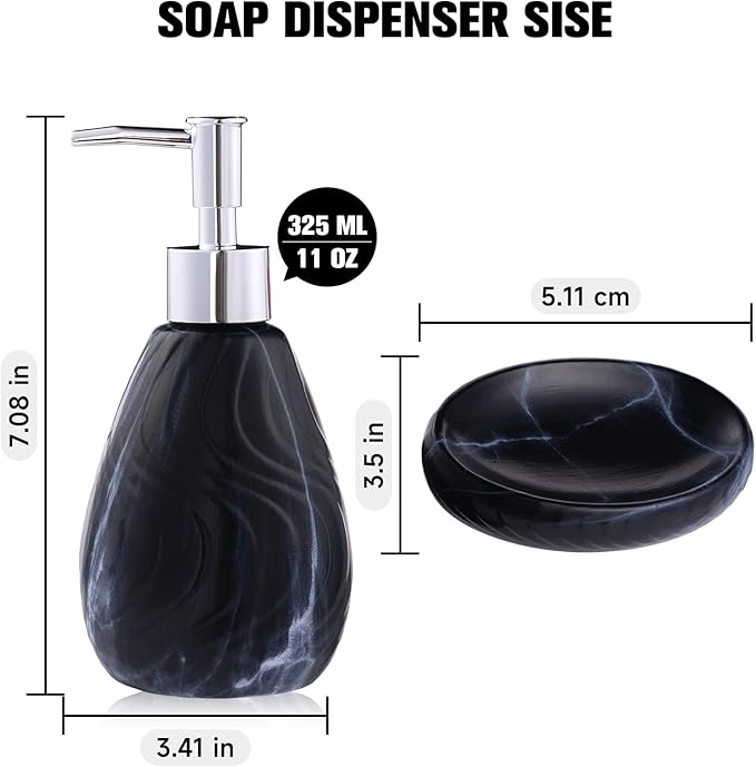 Ceramic Soap Dispenser and Soap Dish Set, Marbled Elegant Bathroom Decor with Non-Slip Base, Modern Hand Wash Bottle & Soap Tray for Bathroom Sink Countertop, Kitchen, Spa (Black)