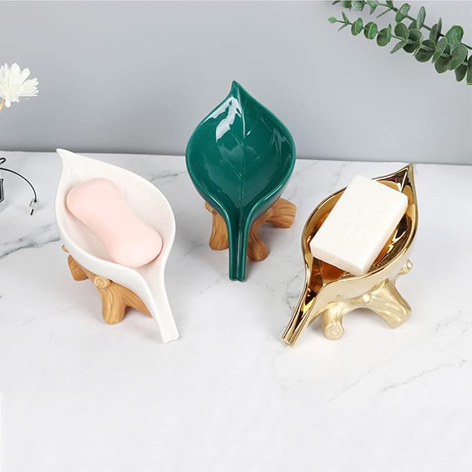 Leaf Soap Dish for Shower,Ceramic Soap Holder with Stump Bathroom Ring Dish Holder for Jewelry Engagament Wedding Birthday Gifts White