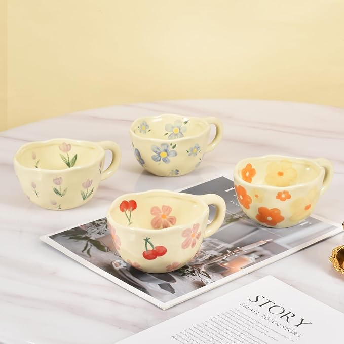 Koythin 4-Piece Ceramic Coffee Mugs, Creative Flower Mug for Office and Home, 8.5 oz/250 ml for Latte Tea Milk (Blue Flower, Orange Flower, Pink Cherry, Purple Tulip)