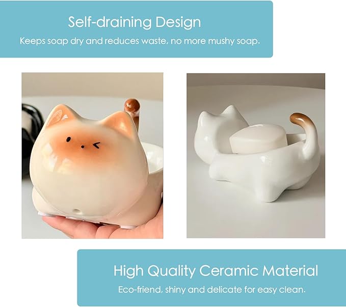 Bar Soap Holder, Cute Ceramic Cat Soap Dish - Self Draining - Small Shower Bar Soap Holder for Soap Bar Holder for Shower, Dish Soap Holder, Soap Dish for Shower (Black)