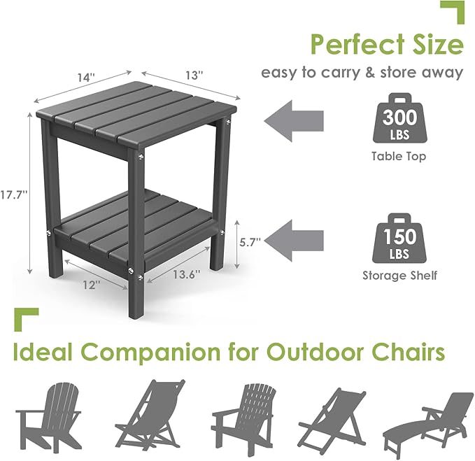 GREENVINES Adirondack-Outdoor-Side-Table | Set of 2 | 14 x 13 Inches | HDPE Plastic | All Weather | Grey | Outside End Tables | Storage Shelf | for Patio Porch Backyard Indoor