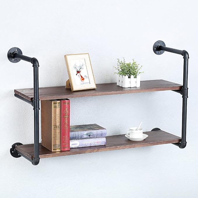 Industrial Pipe Shelving Wall Mounted,36in Rustic Metal Floating Shelves,Steampunk Real Wood Book Shelves,Wall Shelf Unit Bookshelf Hanging Wall Shelves,Farmhouse Kitchen Bar Shelving(2 Tier)