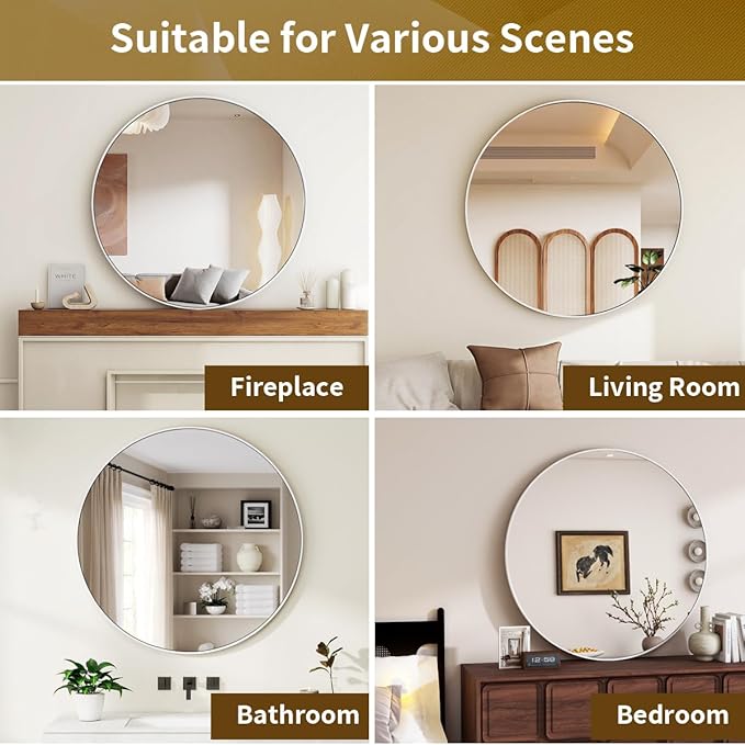 White Round Mirror, 20 Inch Bathroom Mirror with Metal Frame, Wall Wall-Mounted for Entryway, Bathroom, Vanity, Living Room