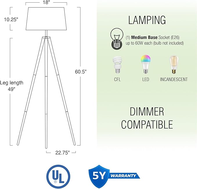 Kira Home Grace 60.5" Mid Century Modern Tripod LED Floor Lamp + Energy Efficient 9W Bulb, Wooden Tripod Legs + White Shade