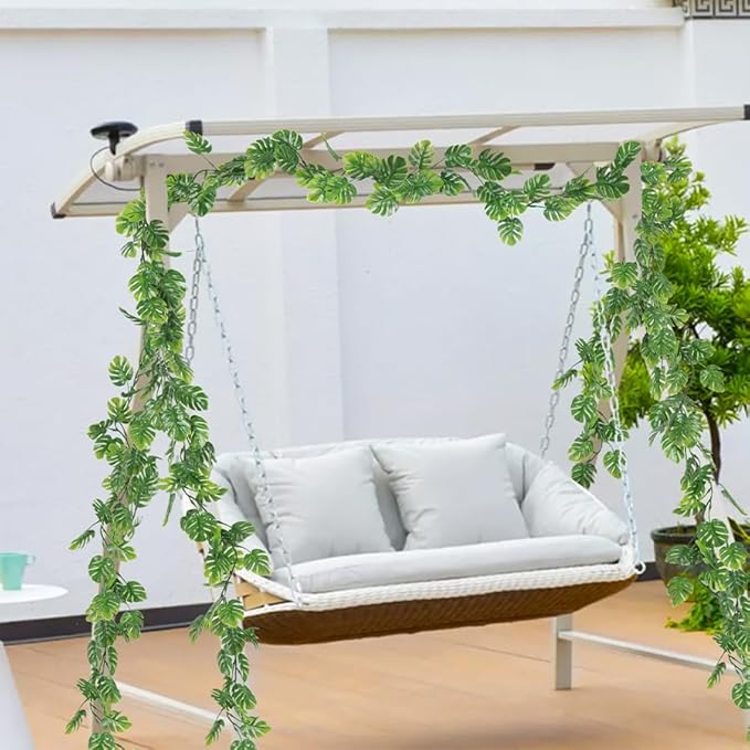 6Pcs Artificial Monstera Leaf Vines, 5.9FT Faux Tropical Monstera Garland Fake Hanging Plant Ivy Palm Leaves Greenery Vine for Garden Porch Patio Jungle Luau Party Beach Birthday Indoor Outdoor Décor