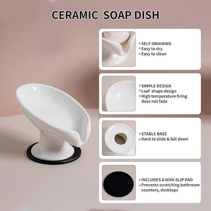 Soap Dish, Soap Holder Self Draining Leaf Shape Soap Dishes,White Ceramic Draining Soap Tray for Shower, Bathroom Sink, Kitchen (Small Size-White, 1)
