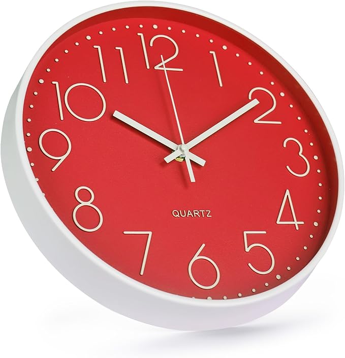 Wall Clock 12 Inch Non-Ticking Silent Modern Simple Style Round Decor Clock Red Stereoscopic Dial Quartz Wall Clocks for Home/Office/School/Living Room/Bedroom/Kitchen