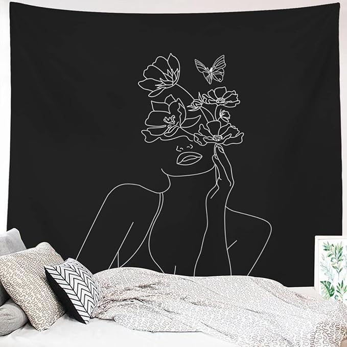 Miytal Art Line Aesthetic Black Tapestry, Simple Women with Flower Butterfly Wall Hanging, Modern Minimalist Abstract Creative Sketch Wall Décor for Dorm Bedroom Office – 51.2" x 59.1” - Black