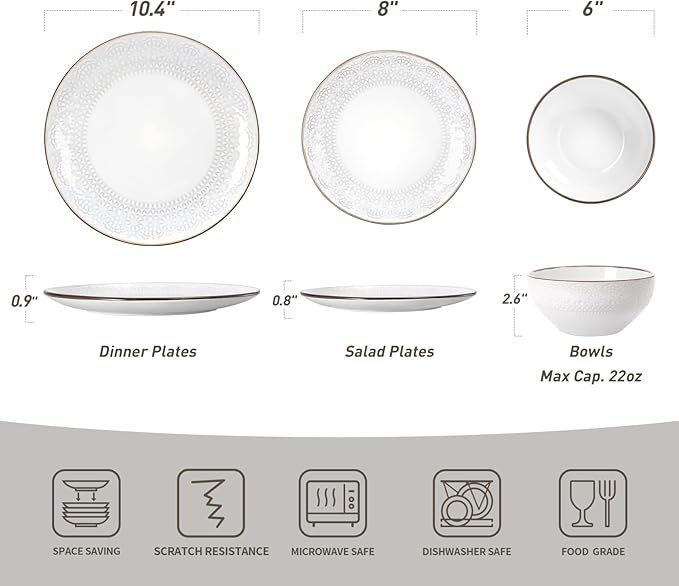 Famiware Eden Plates and Bowls Sets, Stoneware Dinnerware Sets with Gold Trim, 12 Pieces Dishes Set for 4 - Chip and Scratch Resistant, Microwave and Dishwasher Safe, White Floral