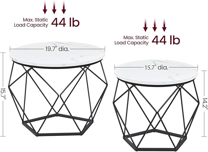 VASAGLE Small Coffee Table Set of 2, Round Coffee Table with Steel Frame, Side End Table for Living Room, Bedroom, Office, Marble White and Ink Black