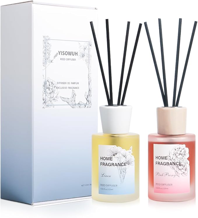 Reed Diffuser - Linen&Pink Peony 4.06oz (120ml) 2 Packs Essential Oil Reed Diffuser Set with 16 Sticks, Long Lasting Fragrance for Home, Bathroom, Bedroom, Room, Decor