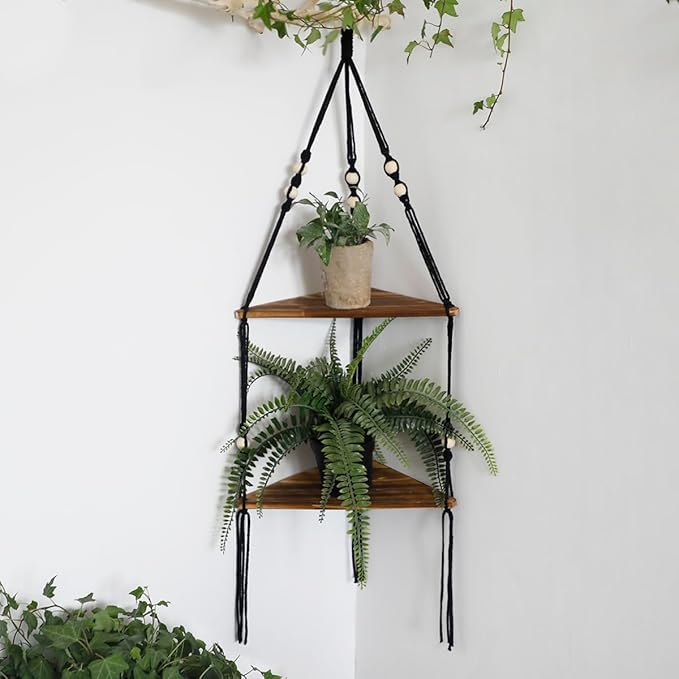 Artilady Black Corner Shelf Wall Hanging - 2 Tier Wood Floating Shelves, Rustic Boho Wall Shelf Decor Hand Woven Cotton Rope Storage Rack for Plants Pots Photo Frames (Black)