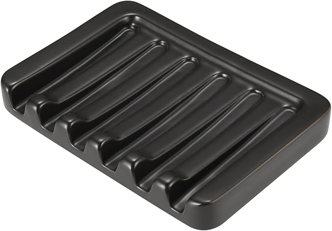 Self Draining Soap Dish, Ceramic Soap Holder for Shower, Vonpri Waterfall Bar Soap Case Saver Tray Sponge Organizer Keep Dry for Bathroom Kitchen Counter Sink (1, Black)