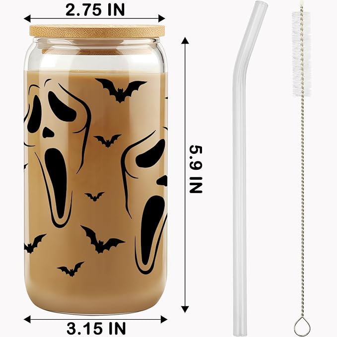 Gifts for Her, Halloween Friend Gifts, Fall Gifts, Halloween Coworker Ghost Bats Can Cup, Halloween Cup Gift for Family, Iced Coffee Cup, Spooky Season Mug, 16 Oz Glass Cup with Bamboo Lid & Straw