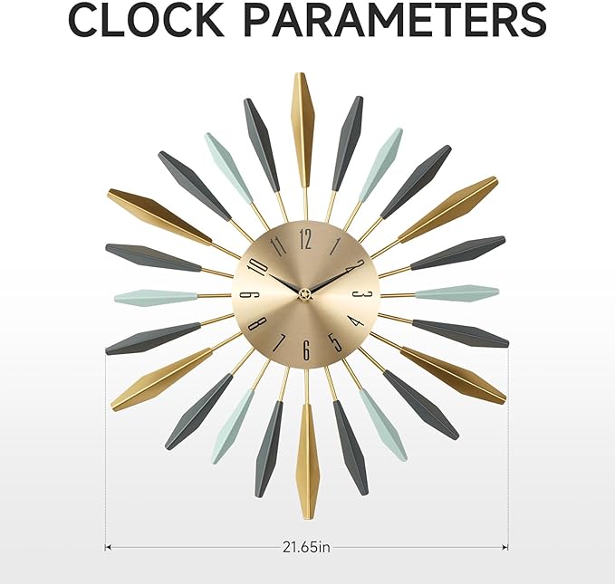 Mid Century Modern Wall Clock, 22 Inch Large Metal Wall Clock for Living Room Decor, Colorful Sunburst Starburst Decorative Clocks Silent Battery Operated for Kitchen Bedroom Office
