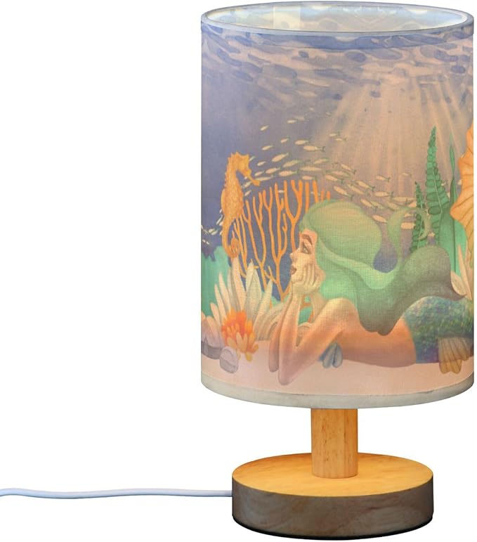 Table Lamp Watercolor Mermaid Girl Seahorse Fish Coral Ocean Sandy Sunshine Nightstand Lamp with Wood Base Fabric Lamp Shade Bedside Desk Lamp for Living Room Bedroom Kids Room Office