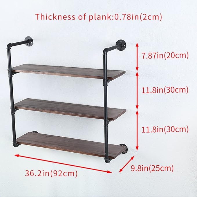 Industrial Pipe Shelving Wall Mounted,36in Rustic Metal Floating Shelves,Steampunk Real Wood Book Shelves,Wall Shelf Unit Bookshelf Hanging Wall Shelves,Farmhouse Kitchen Bar Shelving(3 Tier)