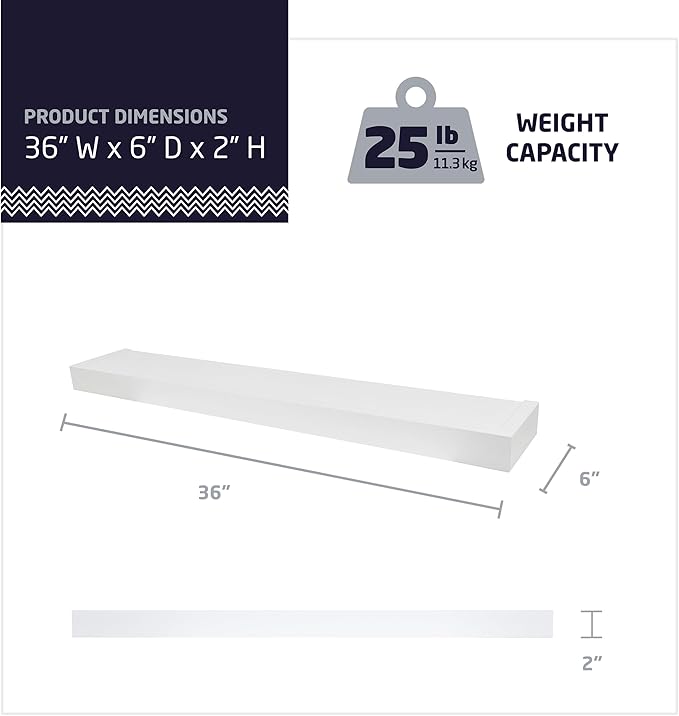 HIGH & MIGHTY 515663 Modern 36" Floating Shelf Holds up to 25lbs, Easy Tool-Free Dry Wall Installation, Flat, eCommerce Packaging, White